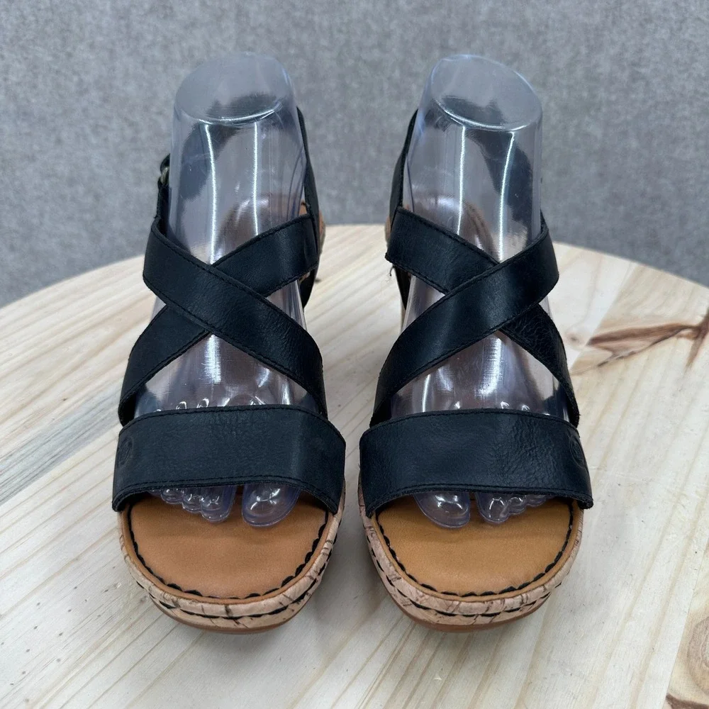 Born B.O.C. Schirra Wedge Sandals Womens 8 Black Faux Leather Strappy Cork Heel